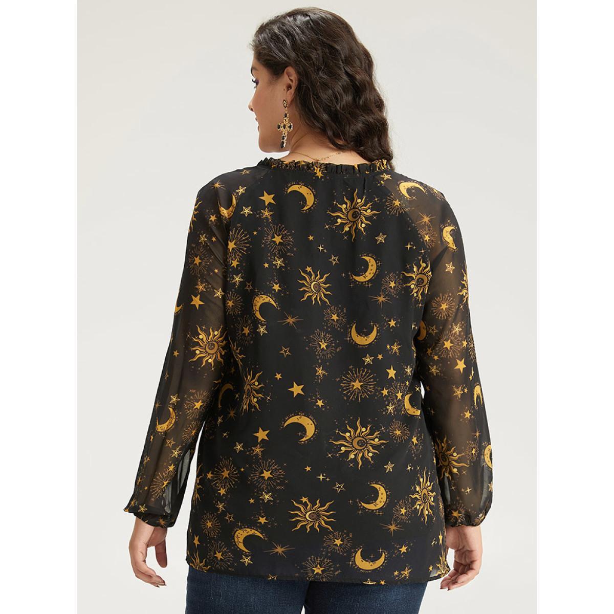 Plus Size Black Halloween Moon & Star Print Tie Neck Mesh Lantern Sleeve Blouse Women Elegant Long Sleeve Tie Neck Festival-Halloween Blouses BloomChic 14-16/1X Product Image