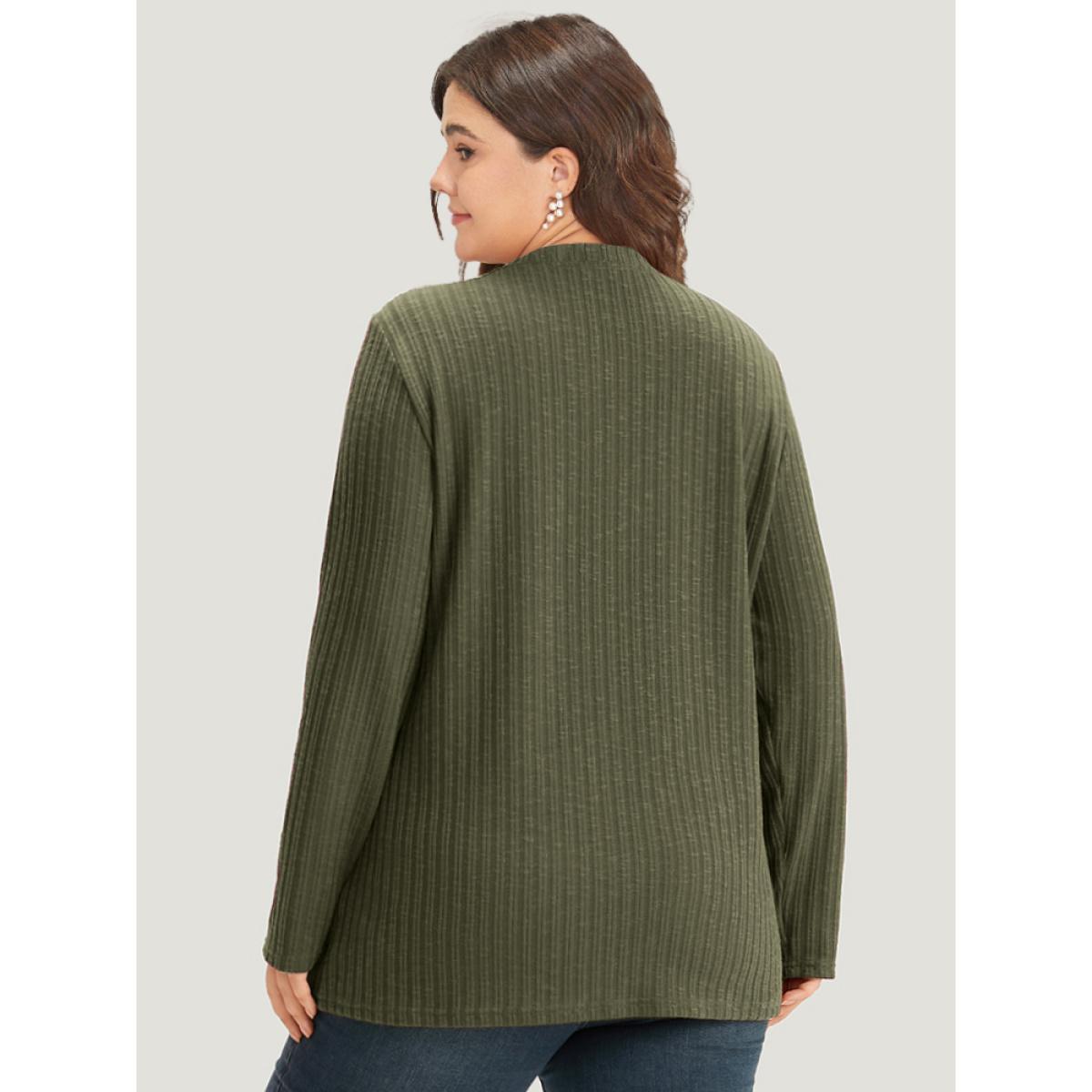 Plus Size Rib Knit Button Detail Split Side T-shirt ArmyGreen Women Casual Texture Plain Round Neck Dailywear T-shirts BloomChic 30/6X Product Image