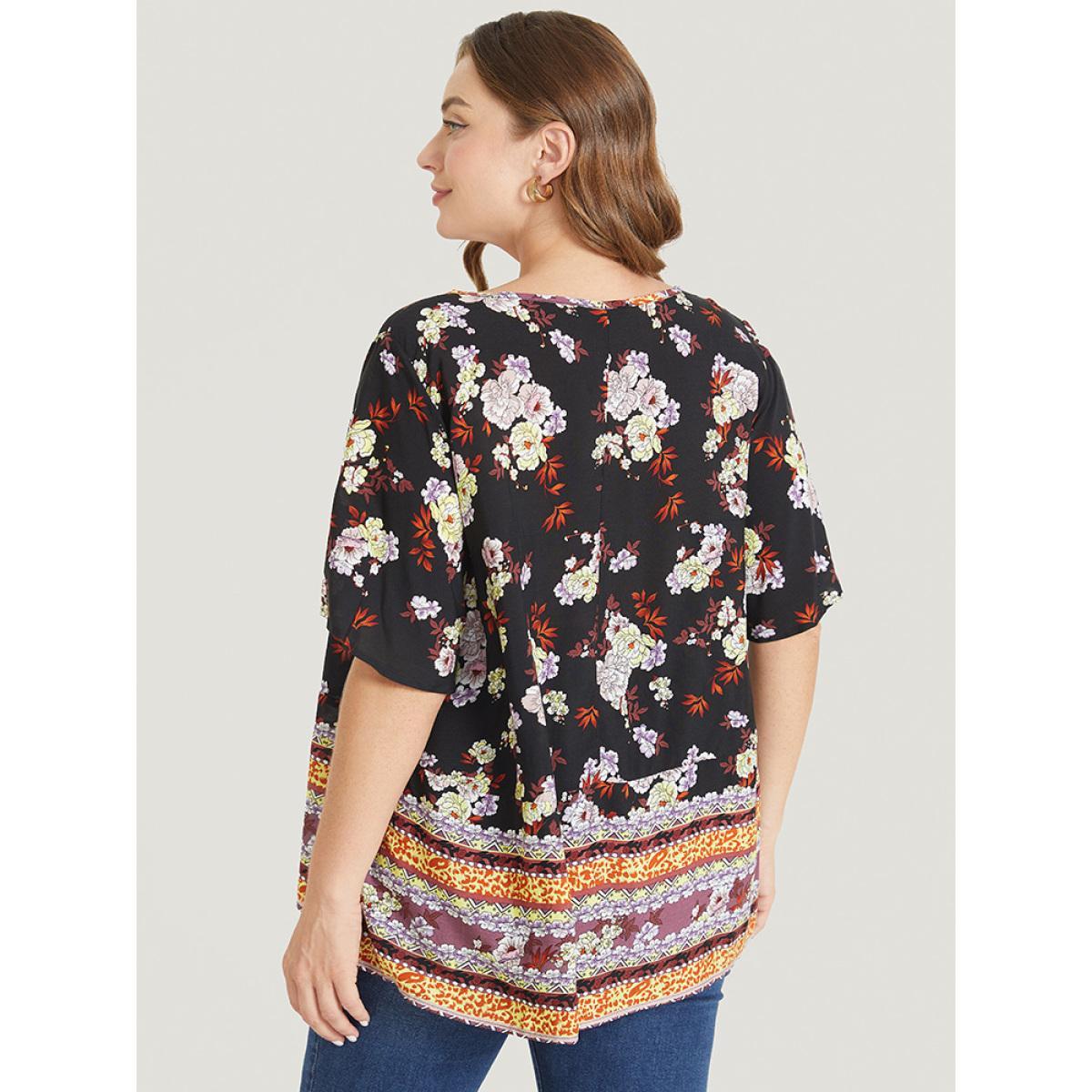 Plus Size BlackFlower Bandana Flutter Sleeve Tie Neck Cut Out Blouse Women Vacation Short sleeve V-neck Dailywear Blouses BloomChic 22-24/3X Product Image