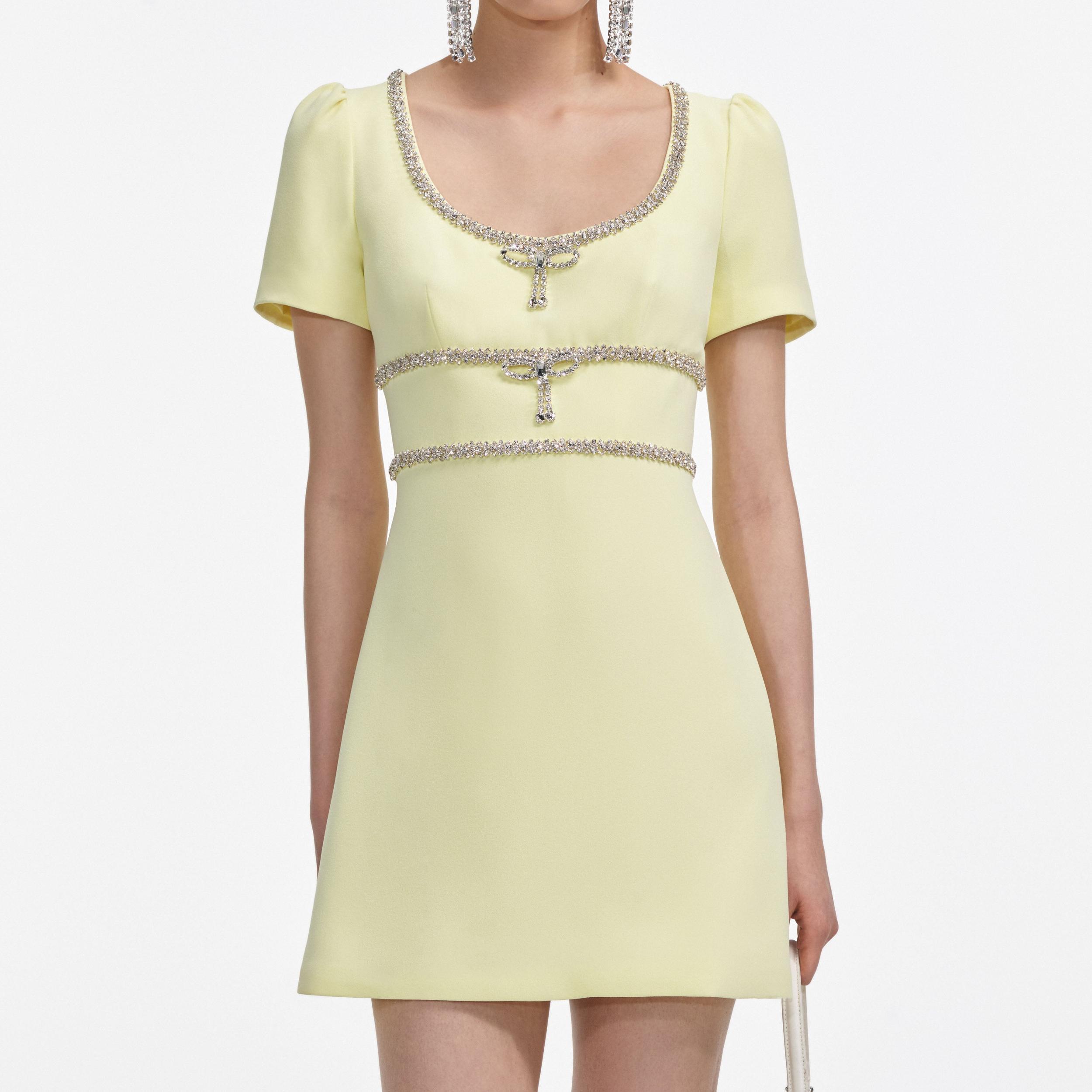Yellow Crepe Crystal Trim Mini Dress Product Image
