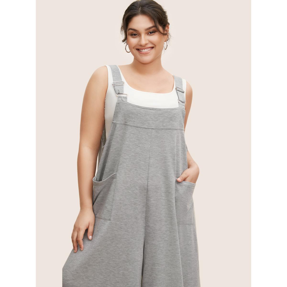 Plus Size Silver Solid Heather Patched Pocket Wide Leg Jumpsuit Women Casual Sleeveless Square Neck Everyday Loose Jumpsuits BloomChic 30/6X Product Image