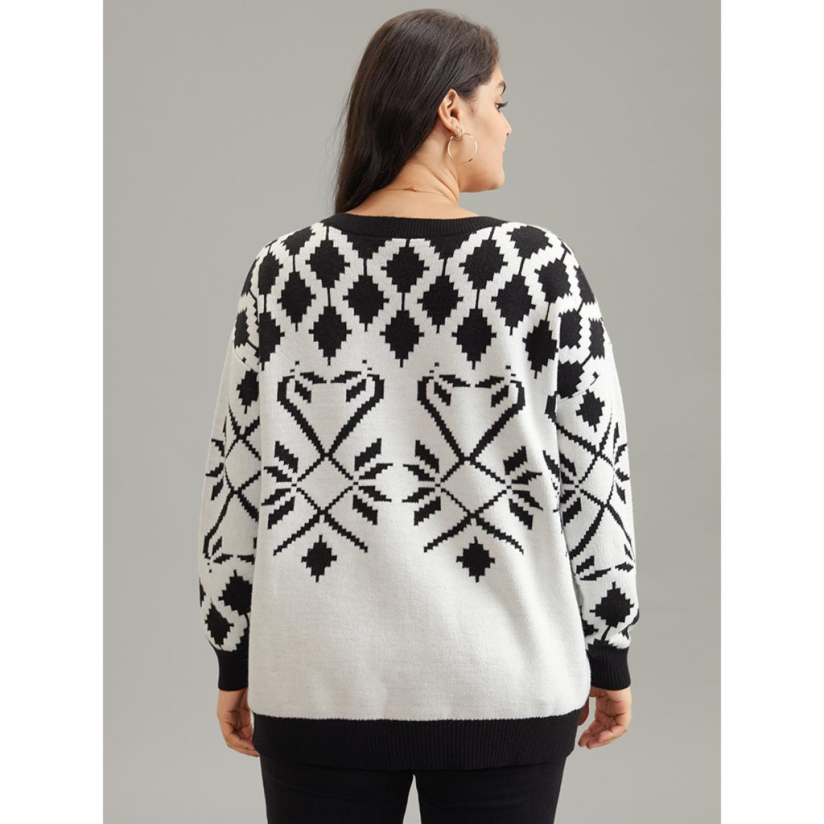 Plus Size Supersoft Essentials Geometric Jacquard Crew Neck Pullover Black Women Casual Loose Long Sleeve Round Neck Dailywear Pullovers BloomChic 22-24/3X Product Image
