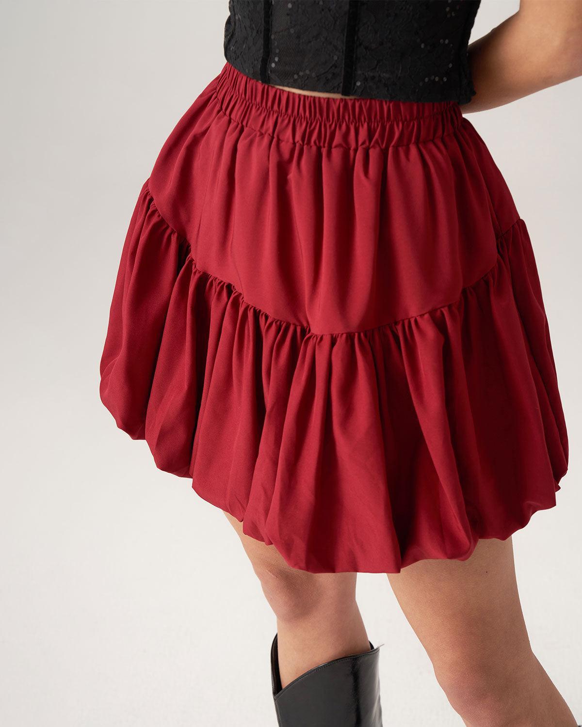 Bettydress-Red Elastic Waist Bubble Mini Skirt Product Image