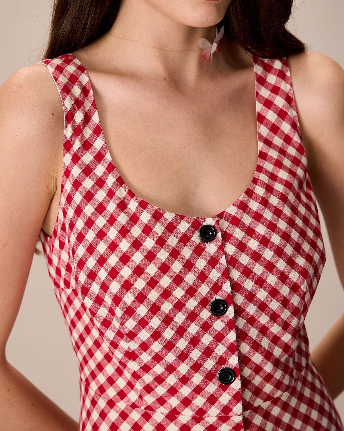 Women's Red U-Neck Plaid Midi Dress Female Product Image