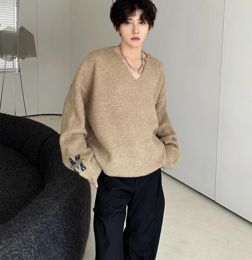 Notch Neck Letter Embroidered Oversized Sweater Product Image