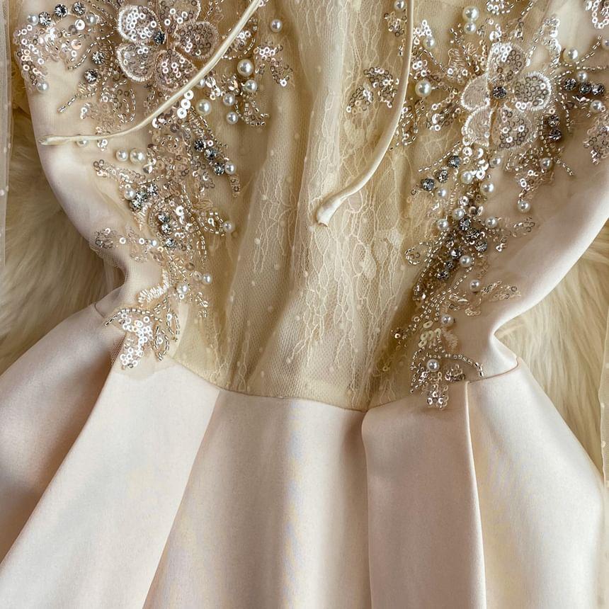 Puff-Sleeve Flower Embroidered Sequin A-Line Dress Product Image