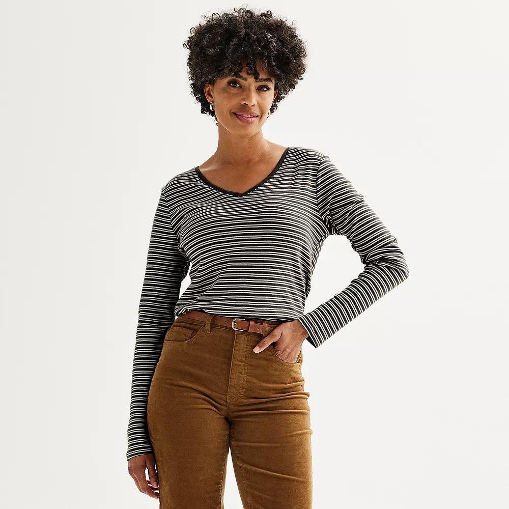 Petite Croft & Barrow® Essential Long-Sleeve V-Neck Top, Women's, Size: XL Petite, Black Neat Stripe Product Image