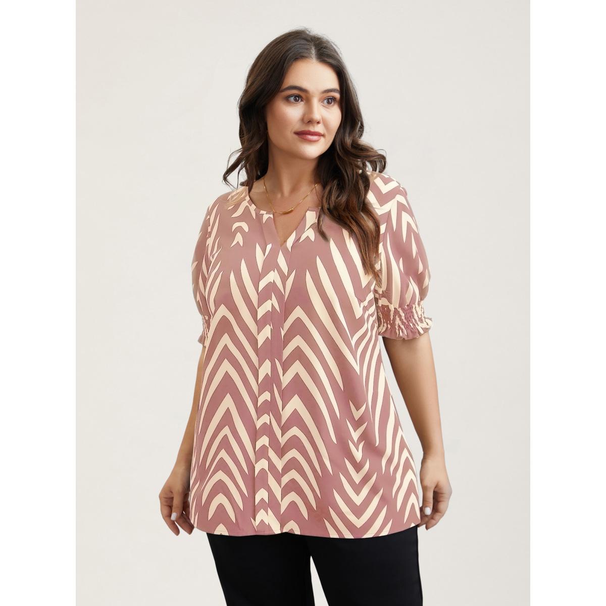 Plus Size DustyPink Geometric Print Ruffled Shirred Shirt Women At the Office Half Sleeve Flat collar with V-notch Work Blouses BloomChic 26/4X Product Image