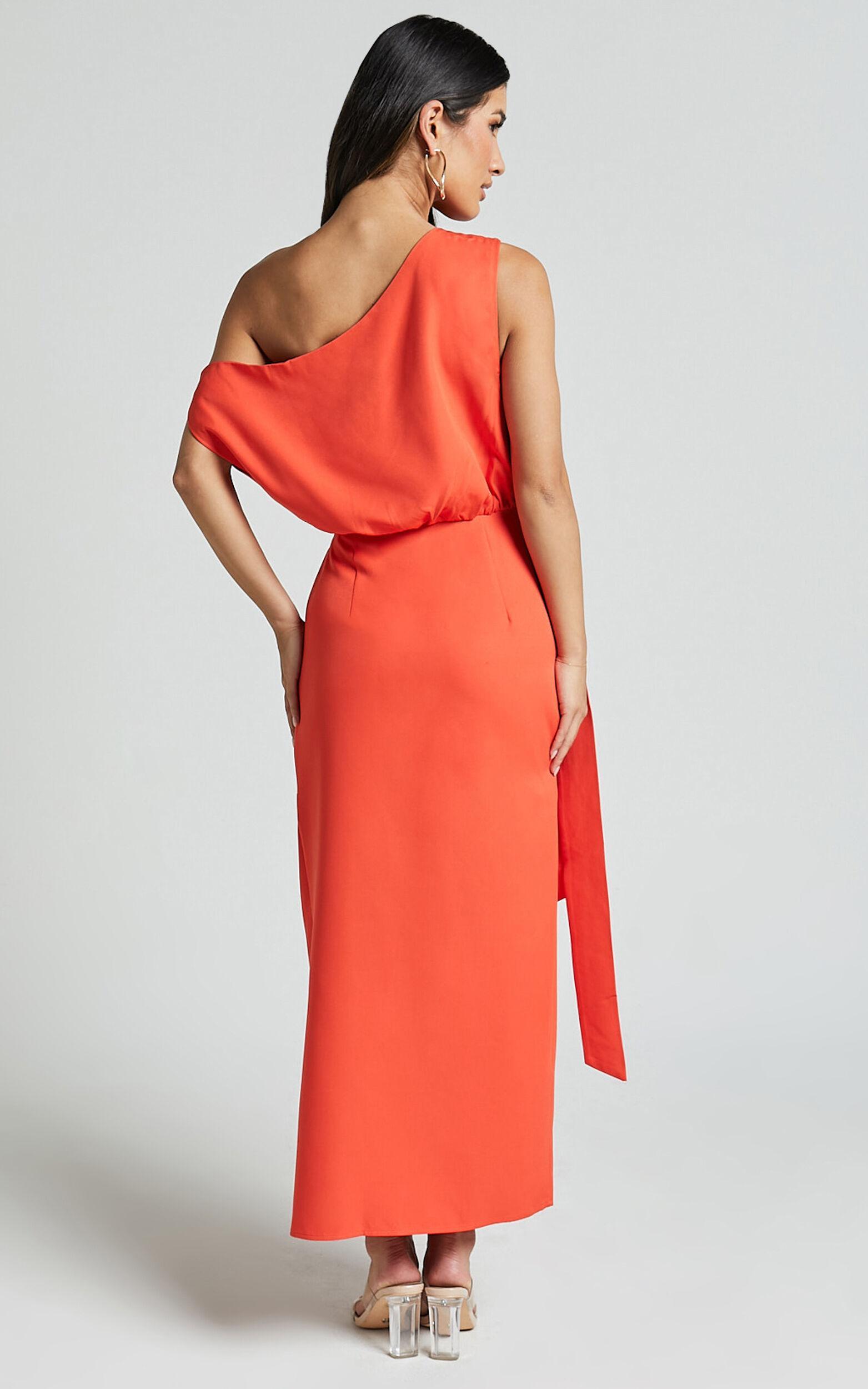 Zuri Midi Dress - One Shoulder Wrap Dress in Orange Product Image