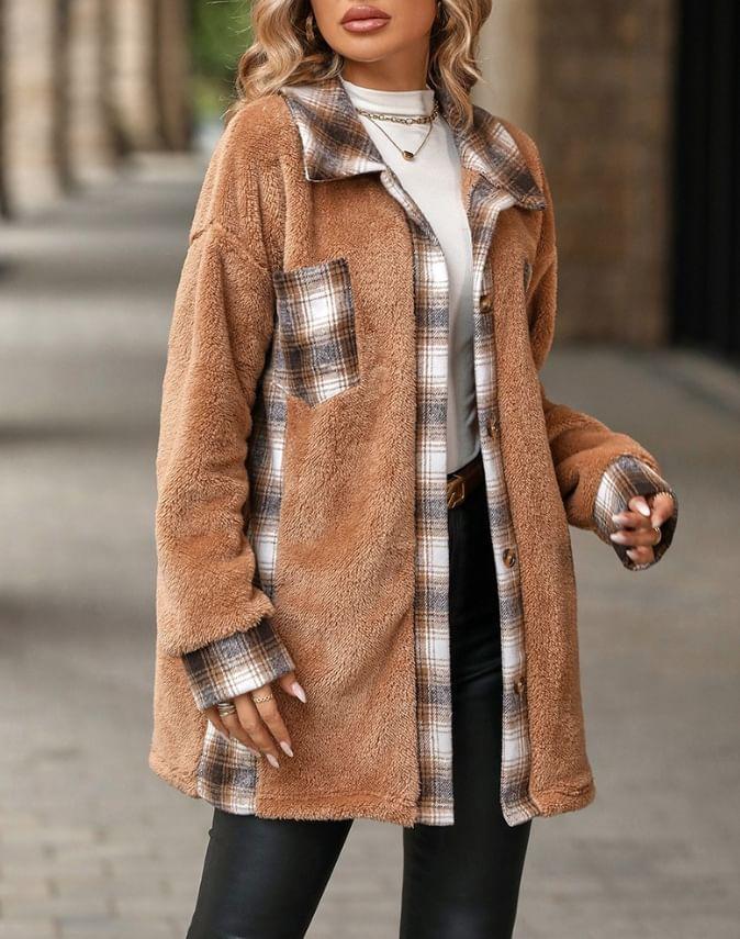 Collared Plaid Panel Button-Up Coat Product Image