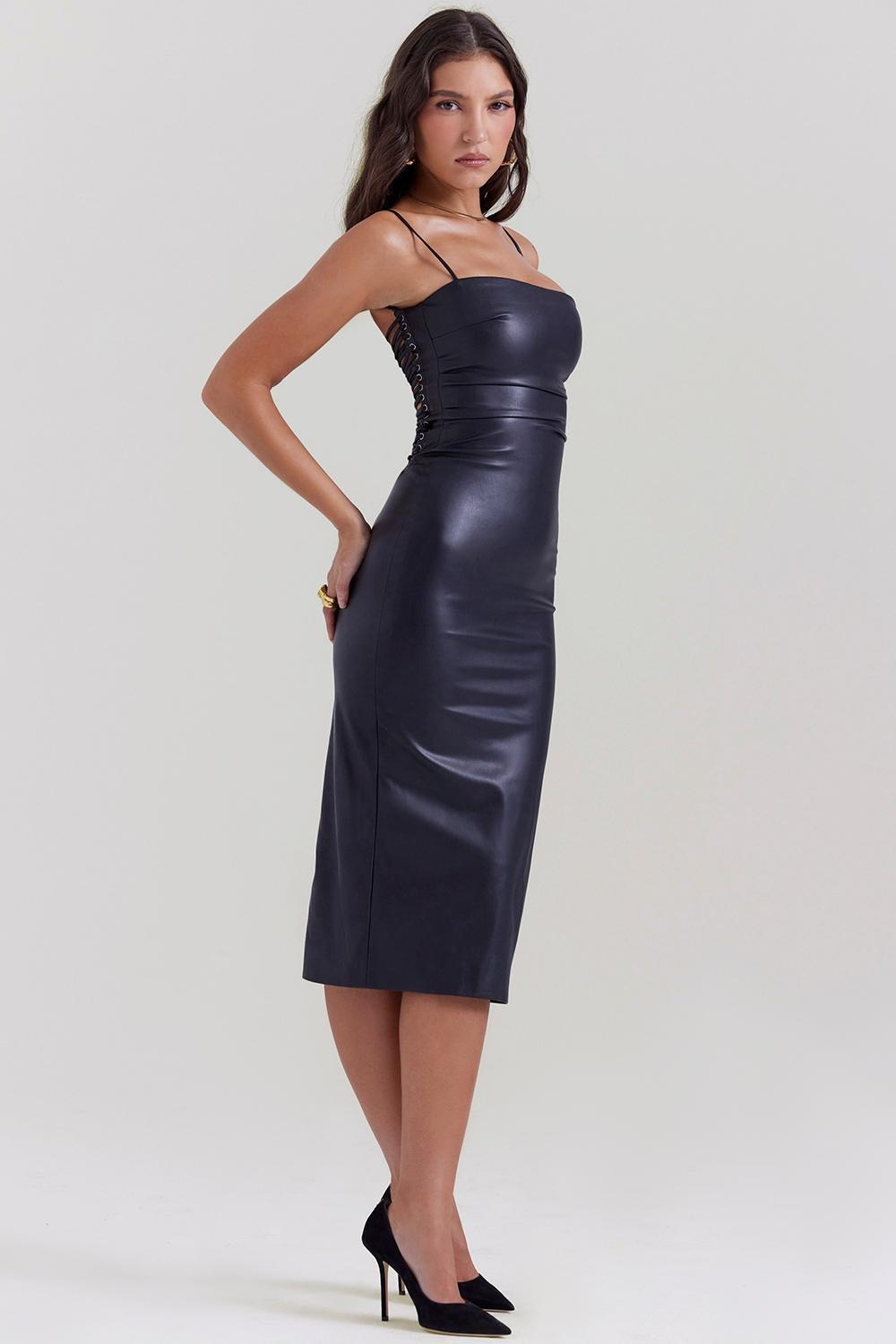 Jalena Mulberry Vegan Leather Lace Back Dress Product Image