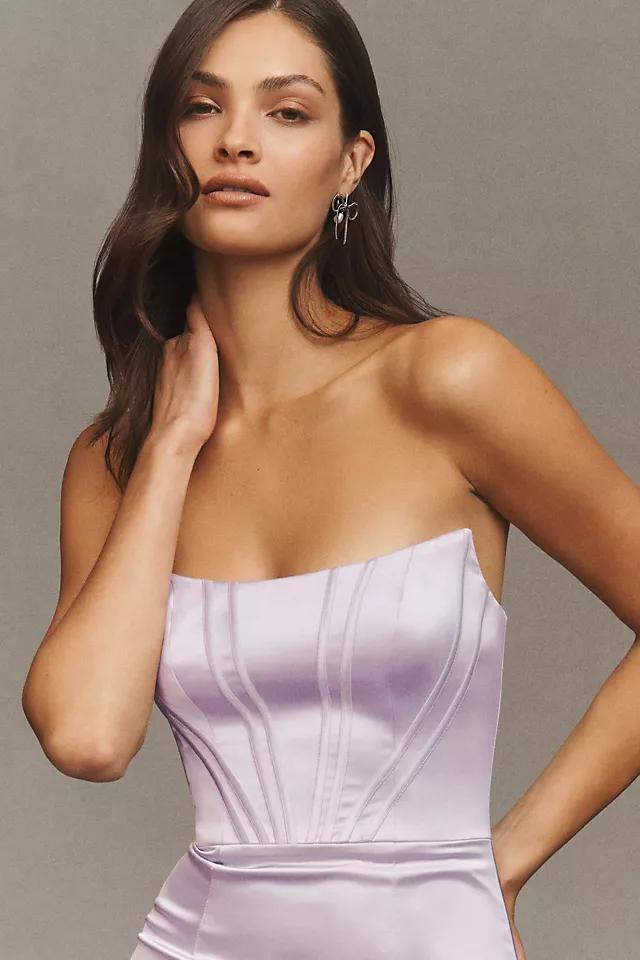 Dress The Population Cosette Strapless Stretch Satin Midi Dress Product Image