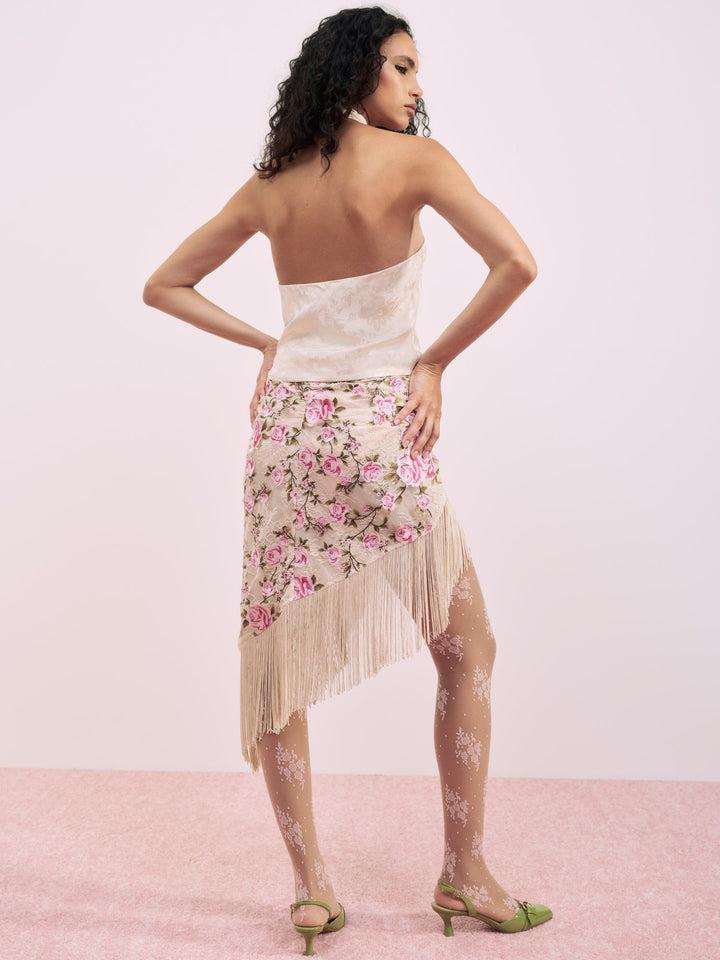 Esme Rose Embroidered Asymmetrical Skirt — Neutral Product Image