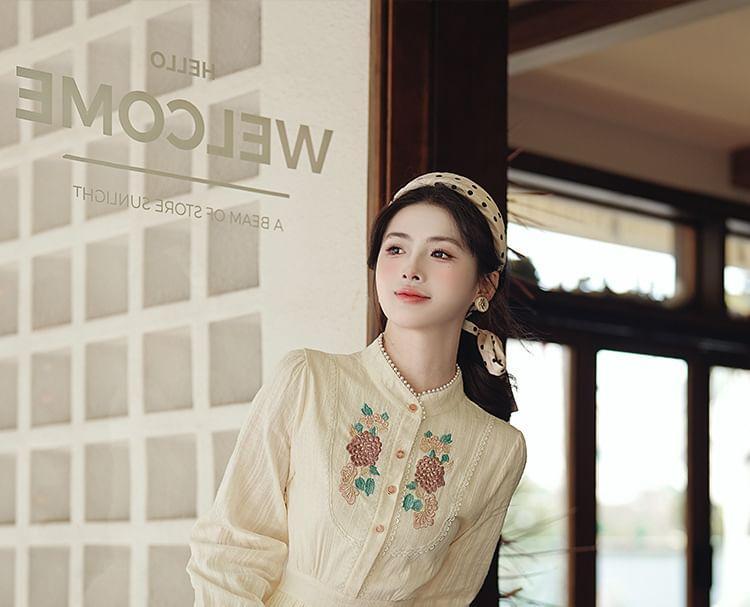 Long-Sleeve Stand Collar Embroidered Maxi A-Line Dress Product Image