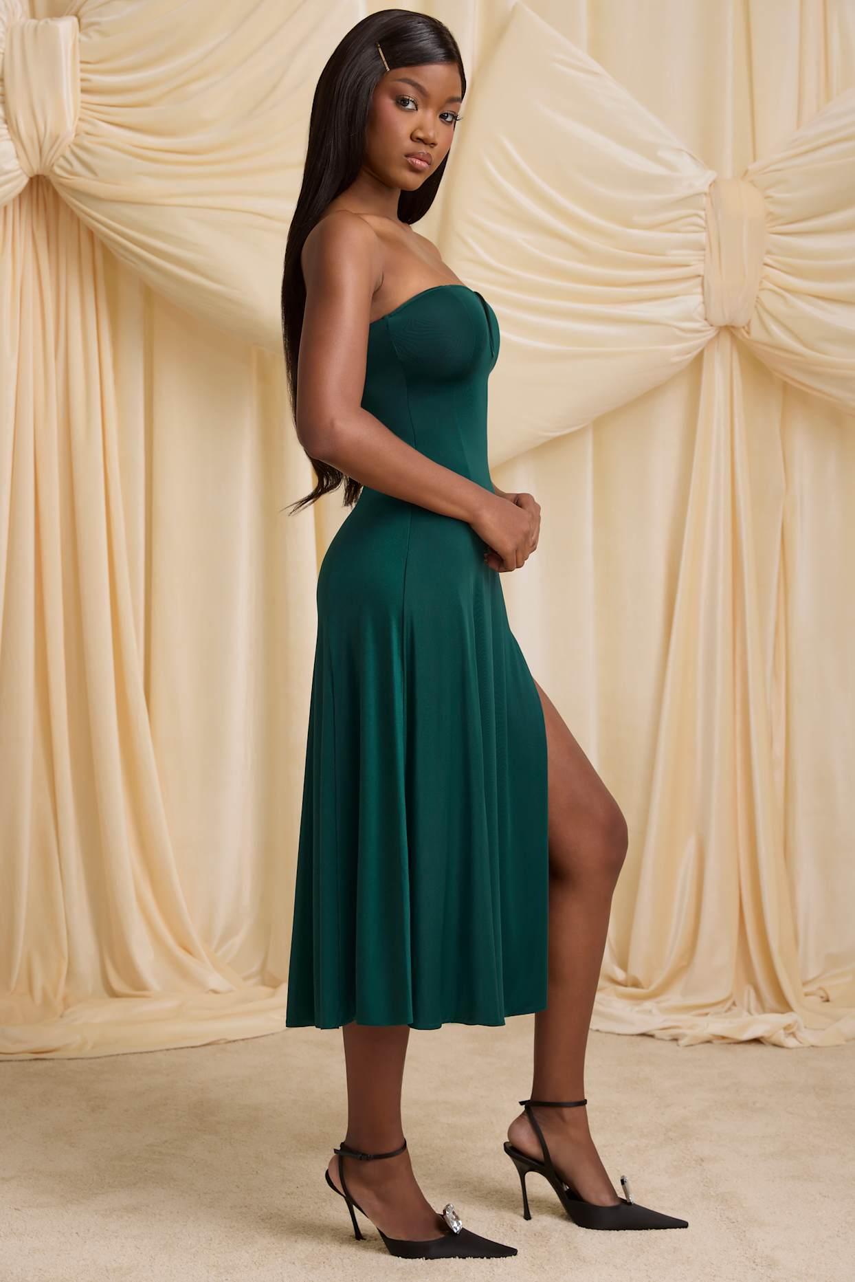Slinky Jersey Strapless A-Line Midaxi Dress in Emerald Green Product Image