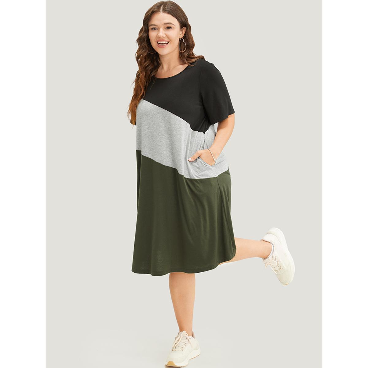 Plus Size Colorblock Contrast Pocket Round Neck Knee Dress ArmyGreen Women Casual Contrast Round Neck Short sleeve Curvy Knee Dress BloomChic 22-24/3X Product Image