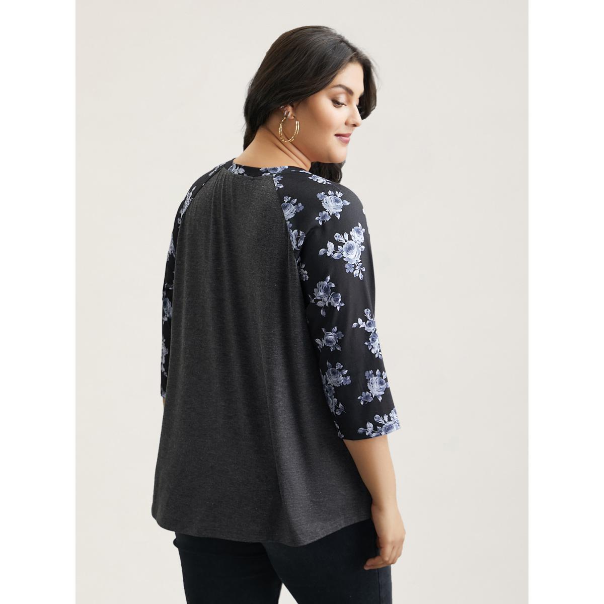Plus Size Floral Sleeve Round Neck Flared T-Shirt DimGray Women Casual Contrast Natural Flowers Round Neck Everyday T-shirts BloomChic 22-24/3X Product Image