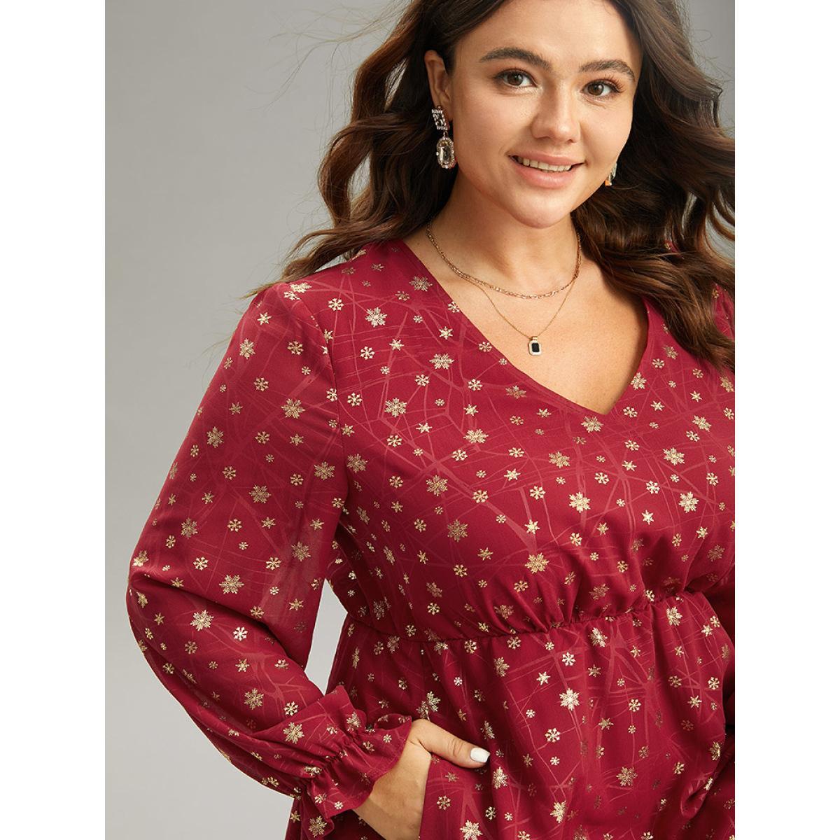 Plus Size Snowflake Glitter Mesh Gathered Ruffles Dress Scarlet Women Party See through V-neck Long Sleeve Curvy Midi Dress BloomChic 10/M Product Image