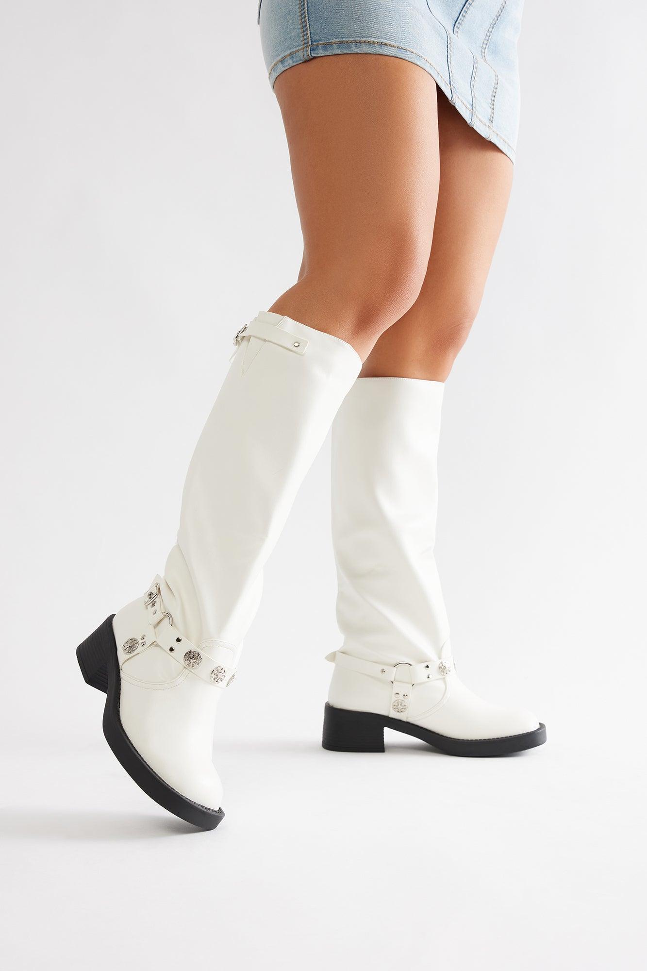 Marrakech Buckle Knee High Boots - White Product Image