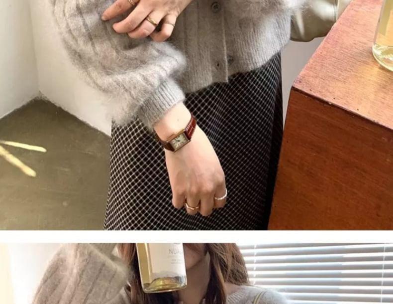 Puff-Sleeve Plain Ribbed Cardigan Product Image