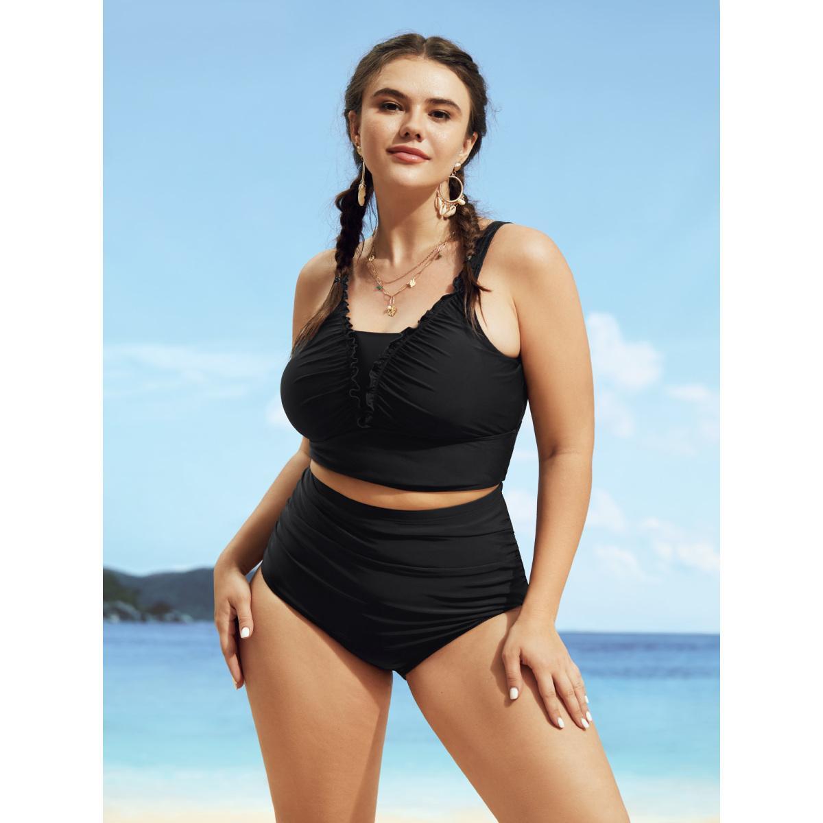 Plus Size V Neck Gathered Frill Trim Swim Top Women's Swimwear Black Beach Gathered High stretch Skinny V-neck Curve Swim Tops BloomChic 30/6X Product Image