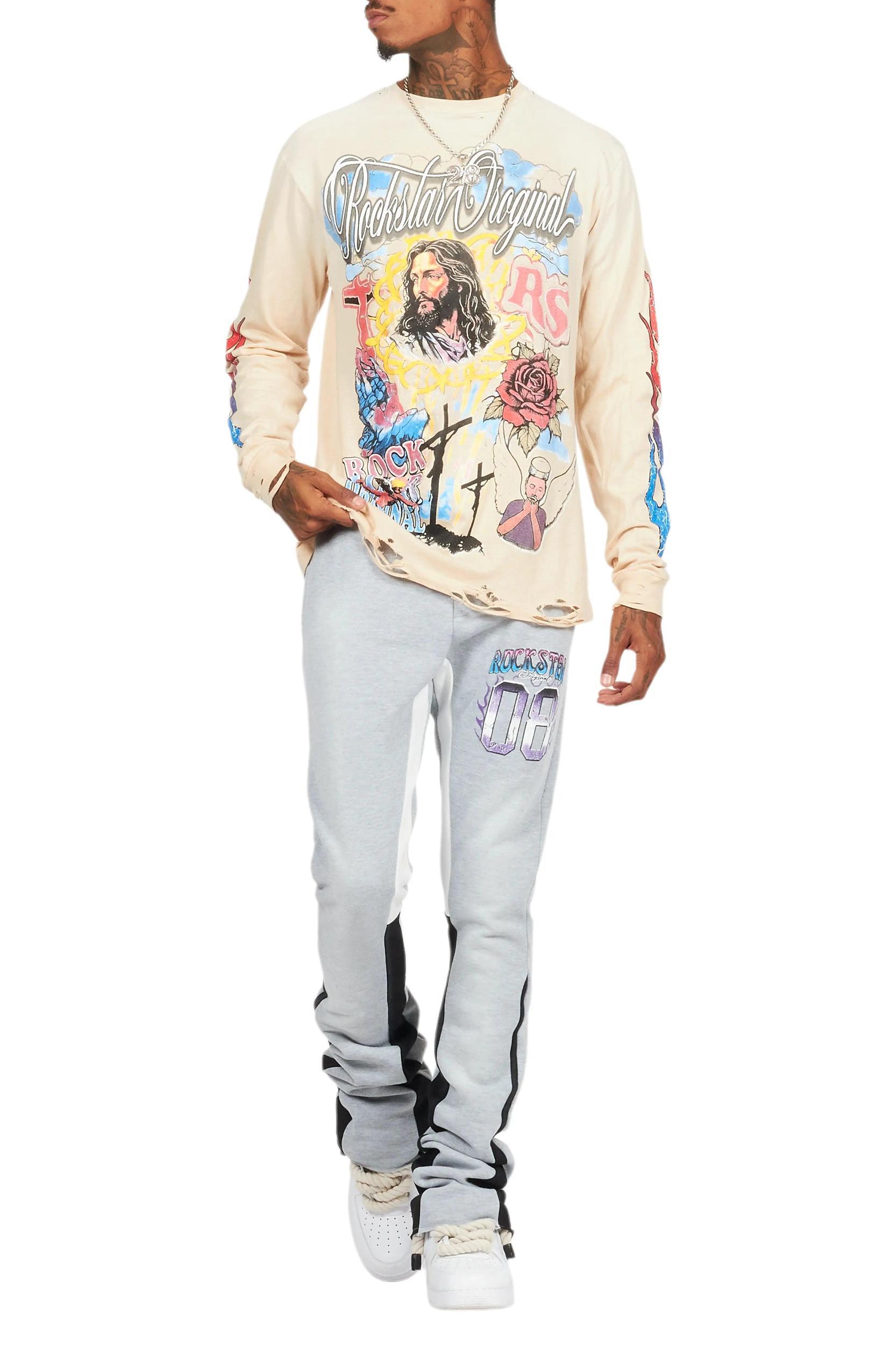 Tadashi Beige Long Sleeve Graphic T-Shirt Male Product Image