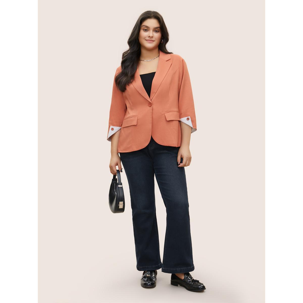 Plus Size Suit Collar Plain Striped Lined Blazer OrangeRed Women Work Plain Non Sleeve Elbow-length sleeve Suit Collar 26/4X Open pocket with flap At the Office Blazers BloomChic Product Image