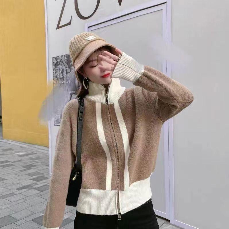 Stand Collar Two Tone Zip-Up Cardigan Product Image