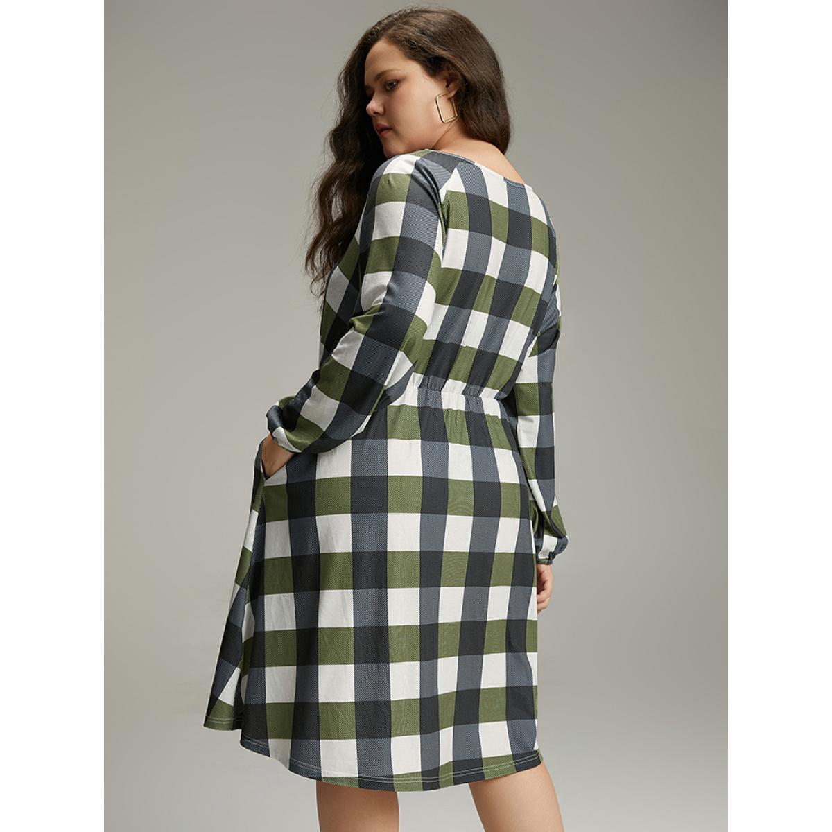 Plus Size Plaid Lantern Sleeve Ruffle Hem Dress DimGray Women Casual Elastic cuffs Scoop Neck Long Sleeve Curvy Midi Dress BloomChic 14-16/1X Product Image