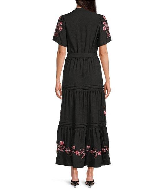 Calessa Petite Size V-Neck Short Balloon Sleeve Comfort Tiered Floral Embroidered Midi Dress Product Image