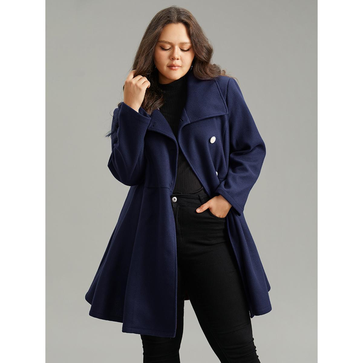 Plus Size Plain Button Up Pocket Asymmetrical Lapel Collar Coat Women Indigo Elegant Plain Ladies Everyday Winter Coats BloomChic 10/M Product Image