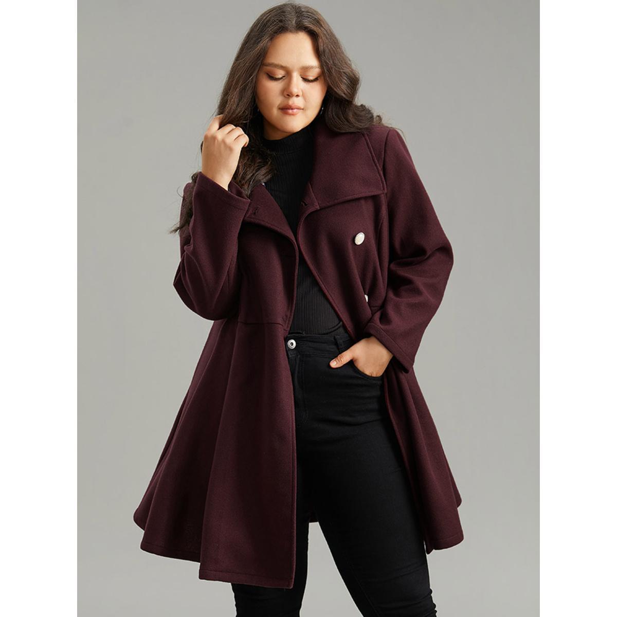 Plus Size Plain Button Up Pocket Asymmetrical Lapel Collar Coat Women Burgundy Elegant Plain Ladies Everyday Winter Coats BloomChic 18-20/2X Product Image
