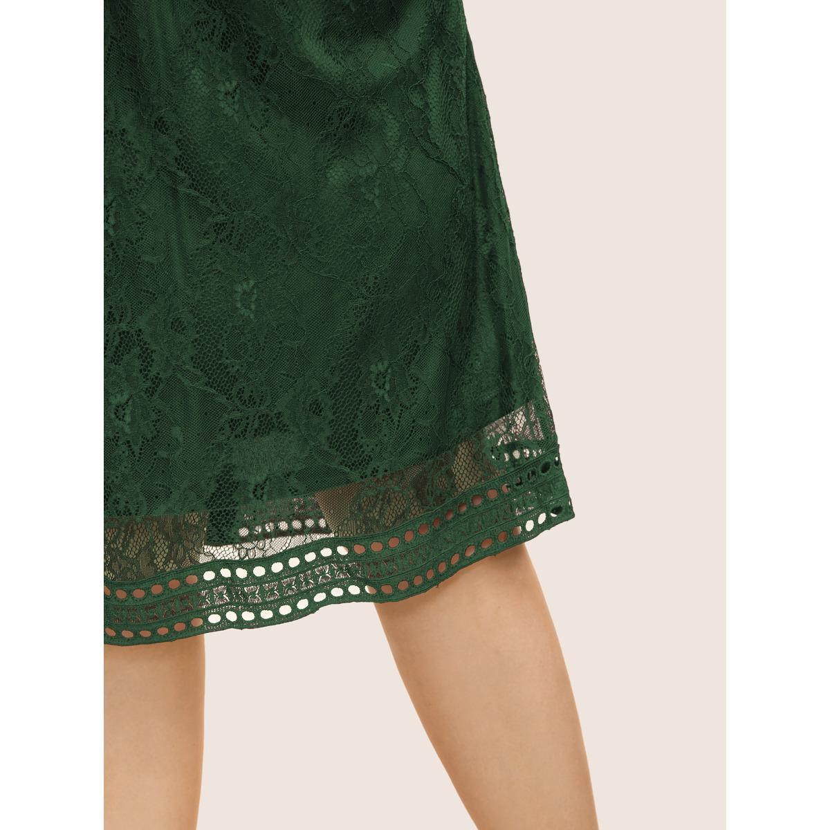 Plus Size Crochet Lace Mesh Pocket Tank Dress DarkGreen Women Cocktail Woven ribbon&lace trim V-neck Sleeveless Curvy BloomChic 28/5X Product Image