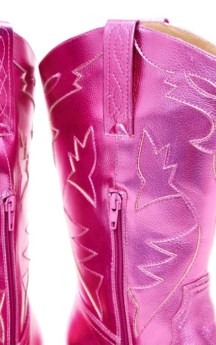 Pink Faux Leather Metallic Shine Block Heel Low Western Calf Boots Product Image