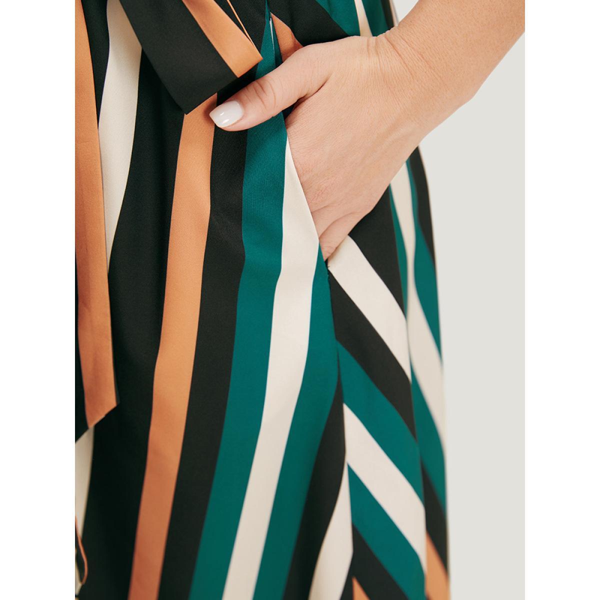 Plus Size Striped Contrast Button Detail Belt Pocket Notched Dress Multicolor Women Office Belted Notched collar Short sleeve Curvy Midi Dress BloomChic 28/5X Product Image