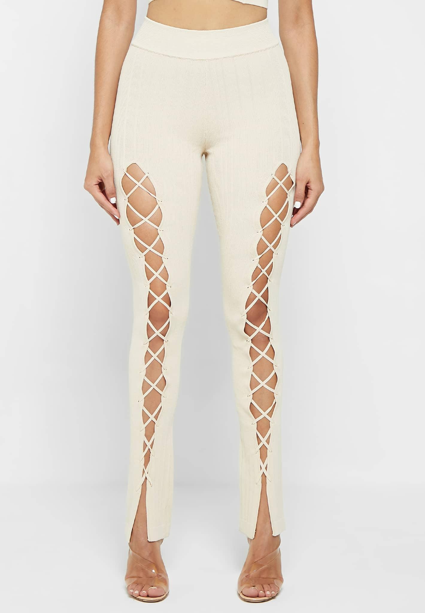Knitted Lace Up Leggings - Beige Female Product Image