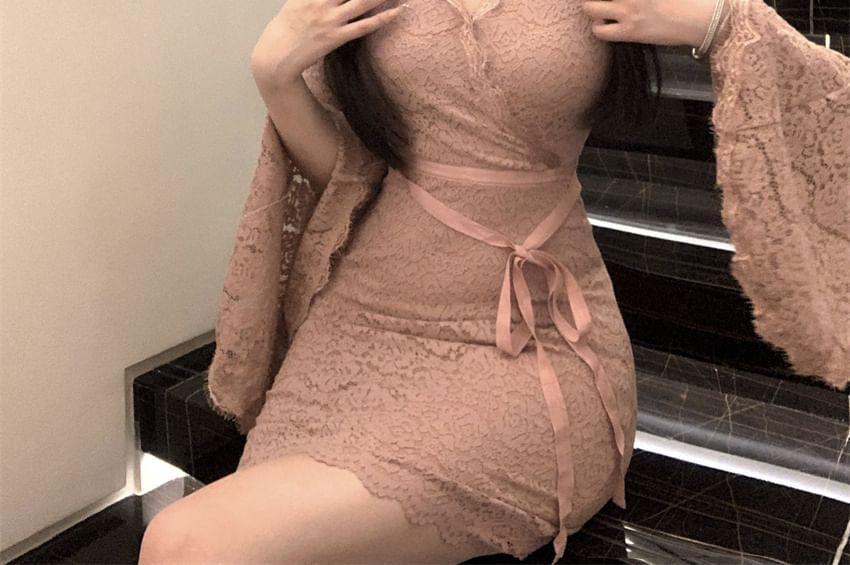 Long Sleeve V-Neck Plain Lace Bodycon Mini Dress Product Image