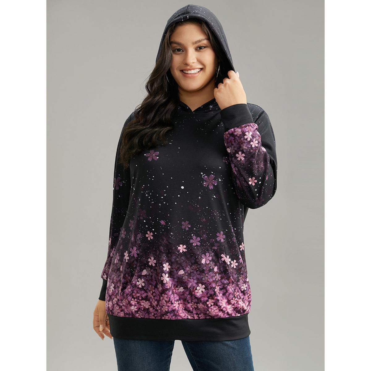 Plus Size Floral Hooded Kangaroo Pocket Sweatshirt Women Black Casual Printed Hooded Dailywear Sweatshirts BloomChic 14-16/1X Product Image