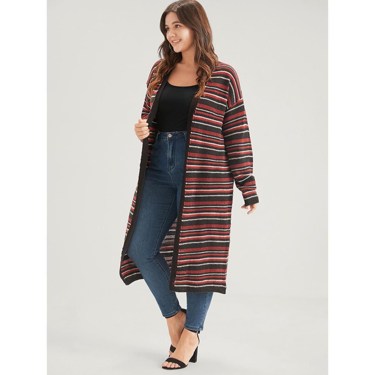Plus Size Striped Contrast Pointelle Knit Pocket Open Front Long Cardigan Multicolor Women Casual Loose Long Sleeve Dailywear Cardigans BloomChic 14-16/1X Product Image
