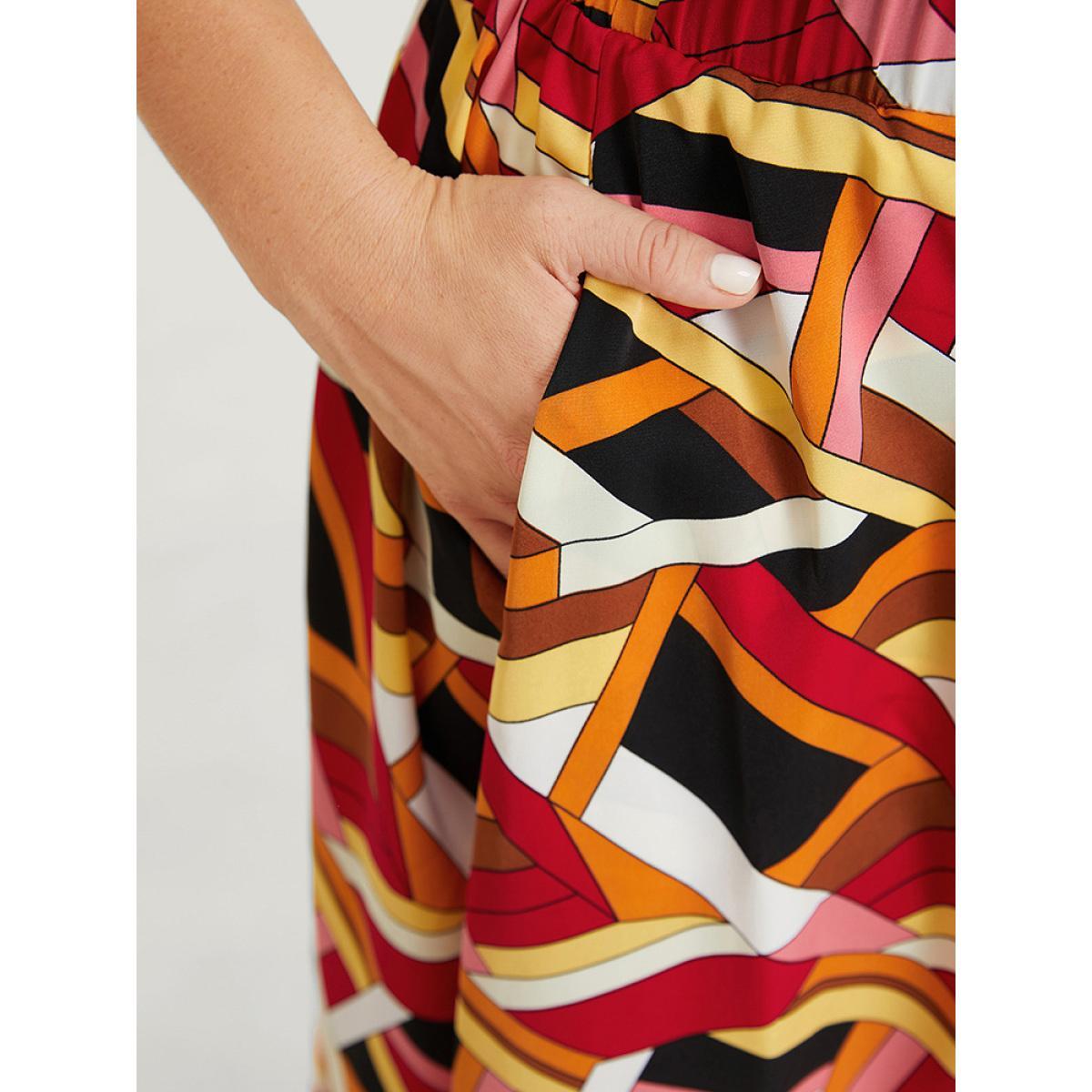 Plus Size Geometric Contrast Pocket Flutter Skirt Women Multicolor Elegant Contrast No stretch Pocket Dailywear Skirts BloomChic 28/5X Product Image