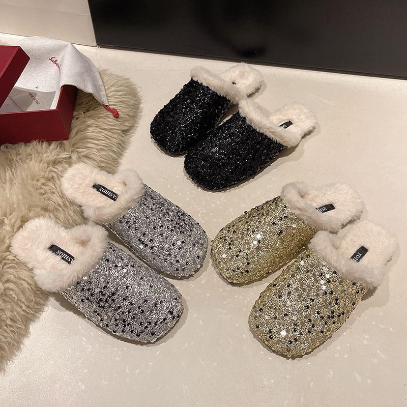 Sequin Fleece-Lined Flat Mules Product Image