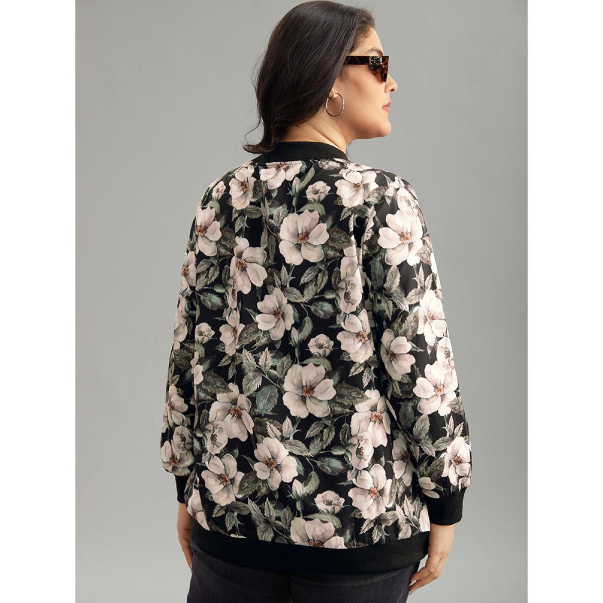 Plus Size Floral Print Patchwork Zipper Jacket Women BlackFlower Elastic cuffs Pocket Everyday Jackets BloomChic 28/5X Product Image