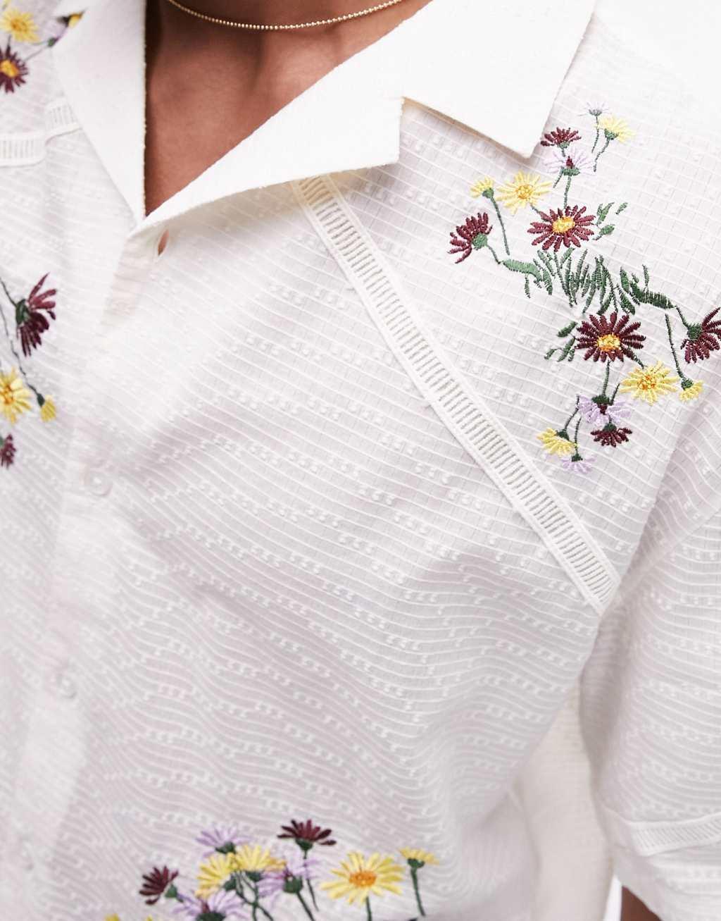 Topman short sleeve floral embroidered textured shirt in white Product Image