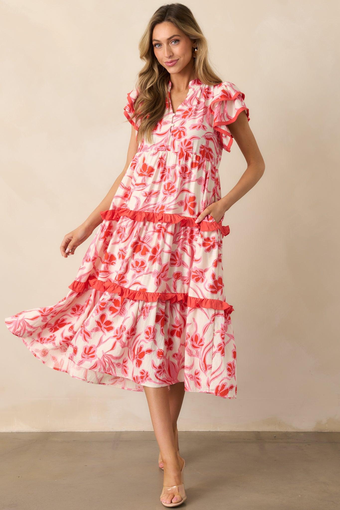 Just Right Pink Floral Flutter Sleeve Midi Dress Product Image