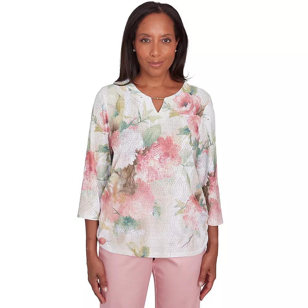 Women's Alfred Dunner Hydrangea Beaded Split Neck Top, Size: Small, Neutral Team Product Image
