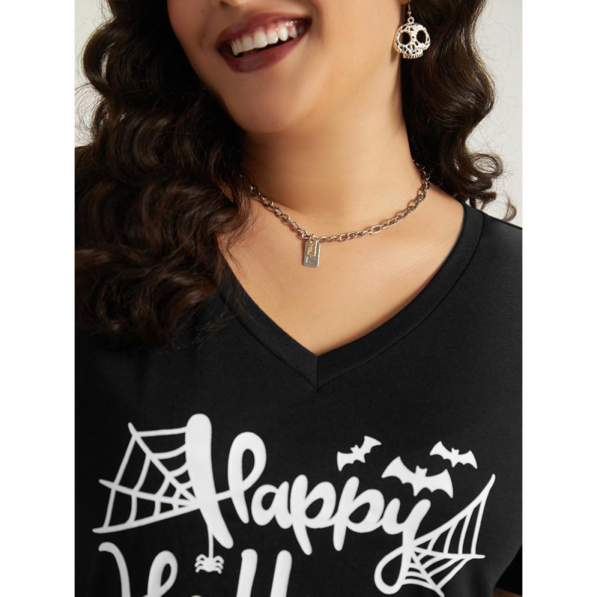 Plus Size Halloween Letter Print V Neck T-shirt Black Women Casual Printed Halloween Festival-Halloween T-shirts BloomChic 12/L Product Image