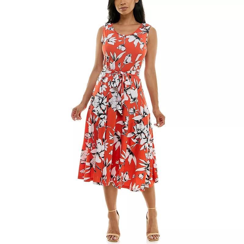 Women's Nina Leonard Belted Sleeveless Print Midi Dress, Size: XL, Brown Team Product Image