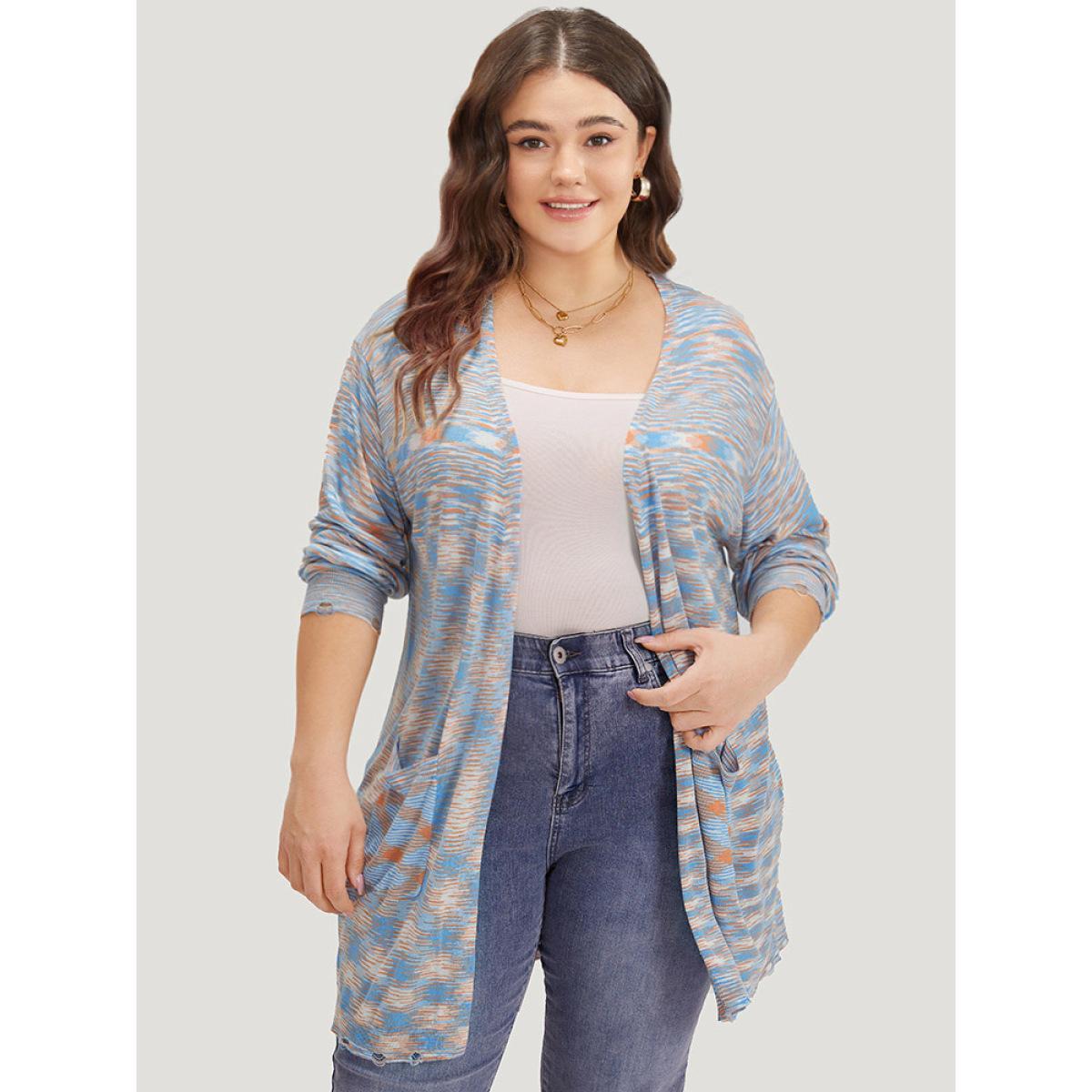 Plus Size Ombre Pocket Open Front Ripped Hem Cardigan Multicolor Women Casual Loose Long Sleeve Everyday Cardigans BloomChic 26/4X Product Image