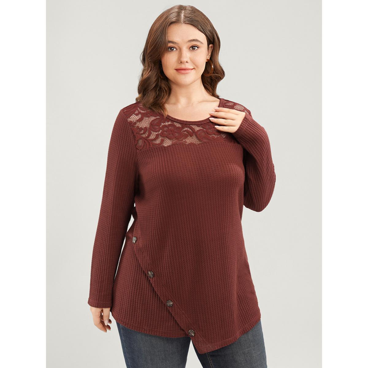 Plus Size Solid Lace Button Detail Waffle Knit Sweatshirt Women Scarlet Elegant Patchwork Round Neck Dailywear Sweatshirts BloomChic 12/L Product Image