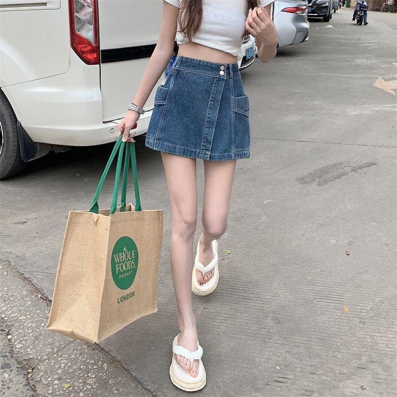 High Waist Asymmetrical Washed Denim Skort Product Image